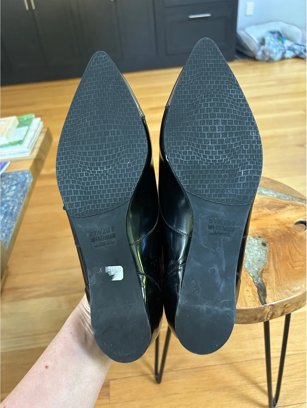 Stuart Weitzman Black Leather Pointed Toe Lace-Up Flats with Metallic Cap